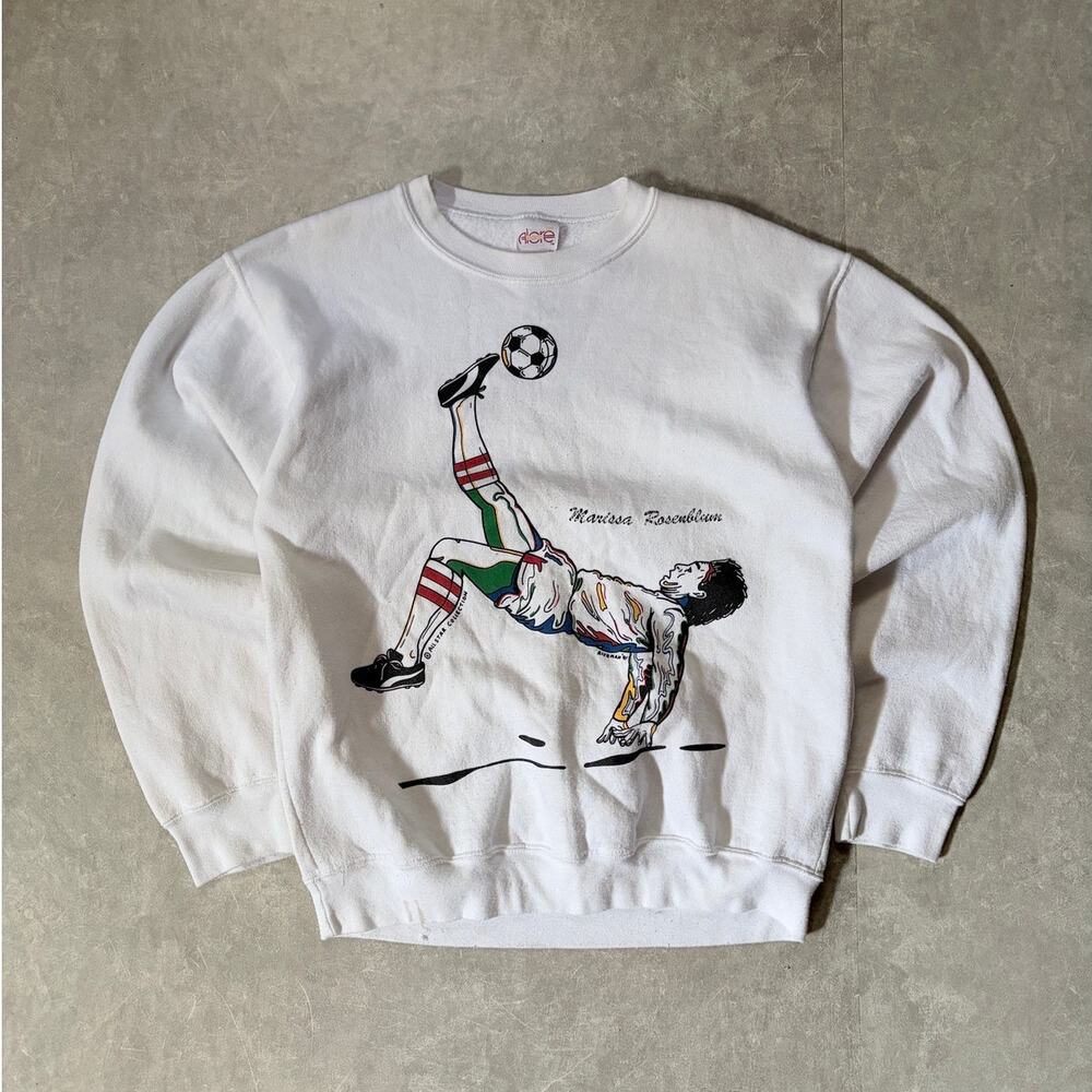 90s Vintage Soccer Art White Crewneck -M